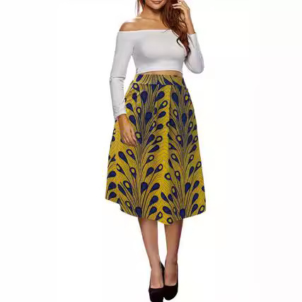 Cross-Border Independent Station Foreign Trade Summer and Autumn Women's Feather Print Skirt Pleated Mid-Length Skirt