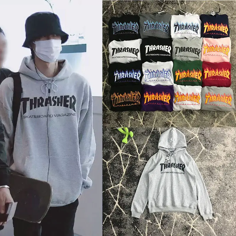 Flame Letter Trendy Brand Wang Yibo Same Style Hoodie Thin Jacket Women Fleece Unisex Skate Street Dance Hoodie