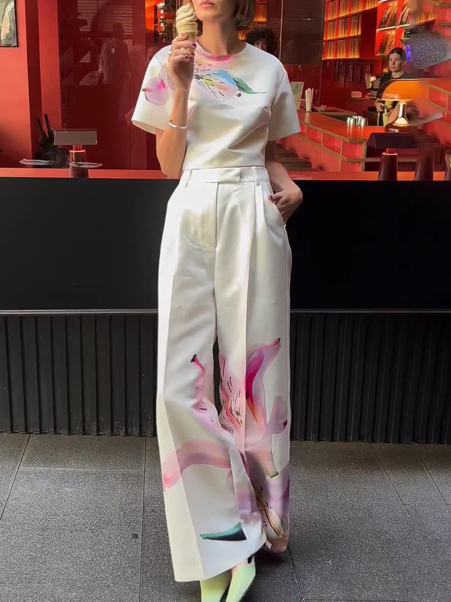 Casual and Comfortable Holiday Style Two-Piece Set 2026 New Women's Round Neck Short-Sleeved Shirt Mid-Waist Wide-Leg Printed Suit