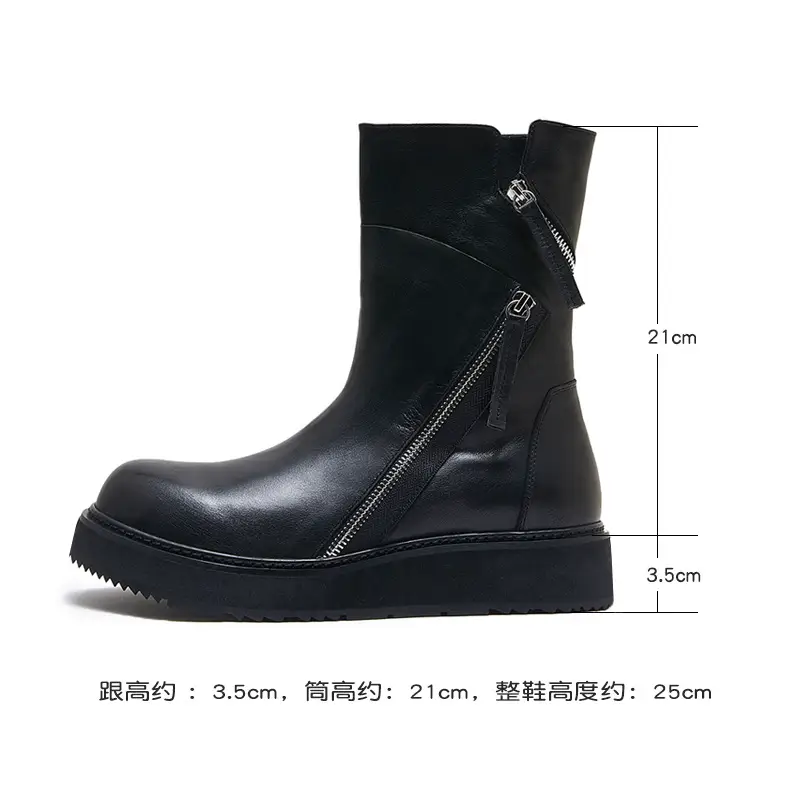 K-style Pure Black Cowhide Trendy Martin Boots Men's British Thick Sole Zipper Boots Fall and Winter Velvet Boots Knee Socks Motorcycle Boots