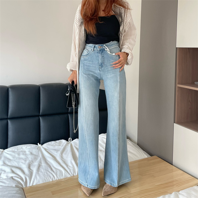 Oblique-cut four-sided bullet barrel beep pants! Big-name Fan! Three-Dimensional Tailored Stitching High-Waist Stretch Women's Spring Jeans