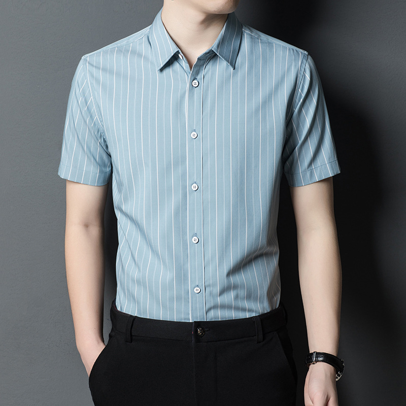 Counter Genuine Brand Ice Mercerized Cotton Striped Short-sleeved Shirt Men's Summer New Leisure Shirt T-shirt for Young and Middle-aged