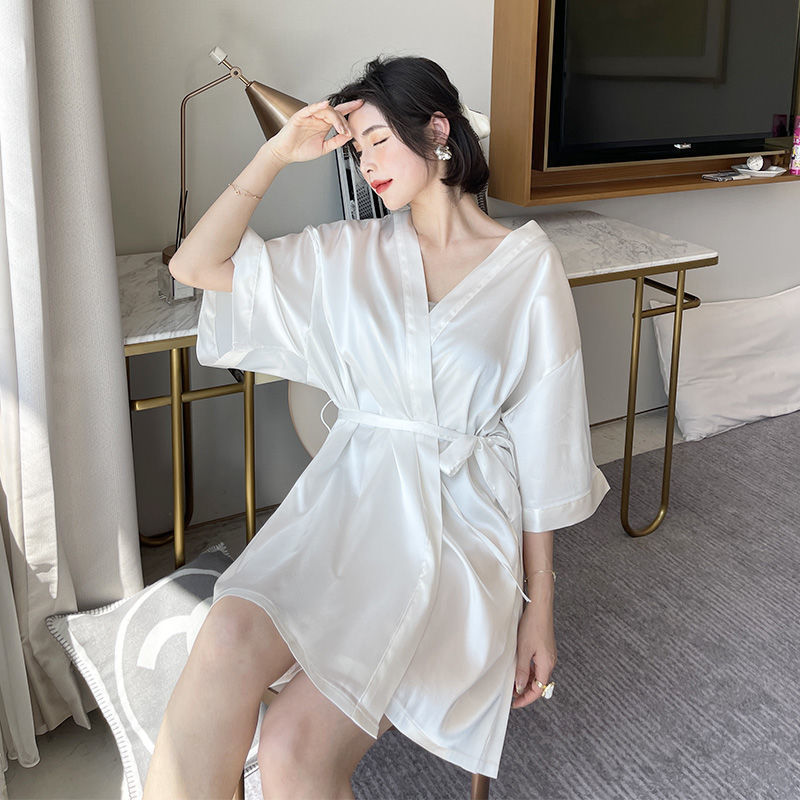 Couple Nightgown 2025 New Solid Color Large Size Summer Sexy Ice Silk Bathrobe Japanese Style Kimono V Neck Thin Pajamas