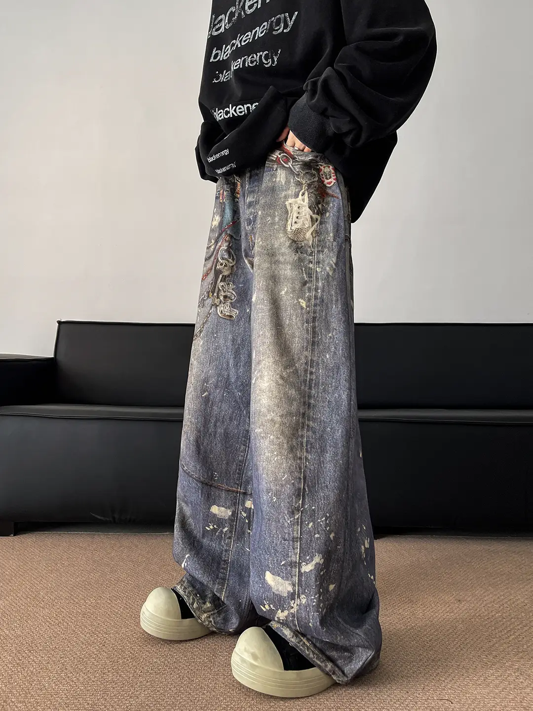 American-Style 3D Digital Chain Print Jeans for Men, Trendy Street Brand, Niche Washed Design, Loose Wide-Leg Pants