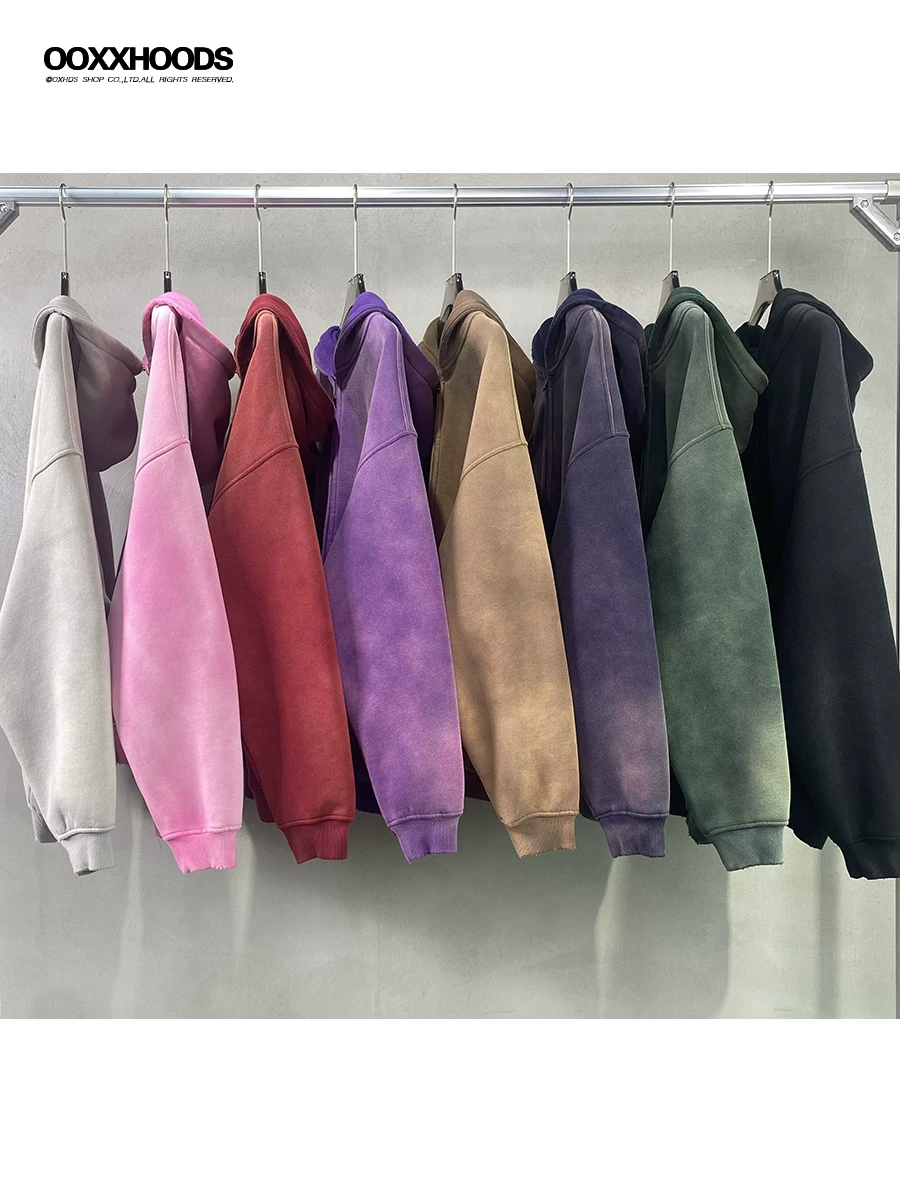 Sports Suit European and American Style Loose Fit Oversized Trendy Spray-Dyed Washed Vintage 360g Fleece-Lined Double-Ended Zipper Sweatshirt