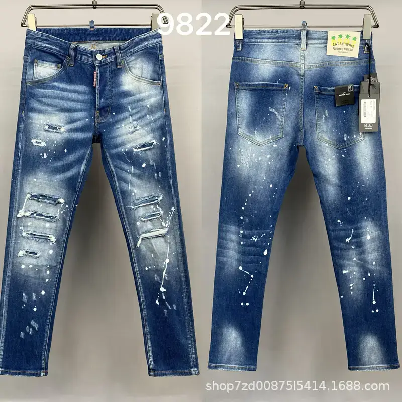 9822 Distressed Paint Spray Ink D2 High Street Trendy Brand Jeans American Cross-Border Men's Denim Pants European Station Denim