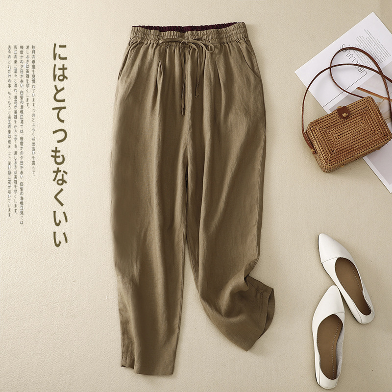 6 Colors Available, Cotton and Linen High-Waisted Tie-Up Harem Pants for Women, Loose Fit, 2026 Spring New Style, Elastic Waist, Versatile Casual Cropped Pants