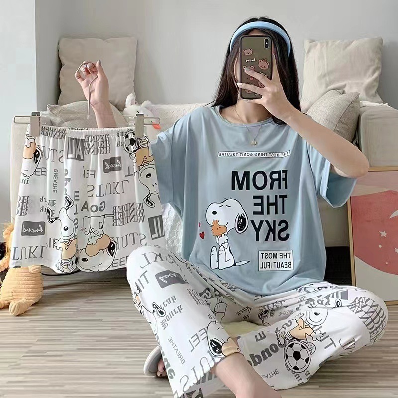 New Style Pajamas for Women, Summer Short-Sleeved Loose Large Size Cartoon Three-Piece Suit, Student Trousers, Sweet Ladies Home Clothes