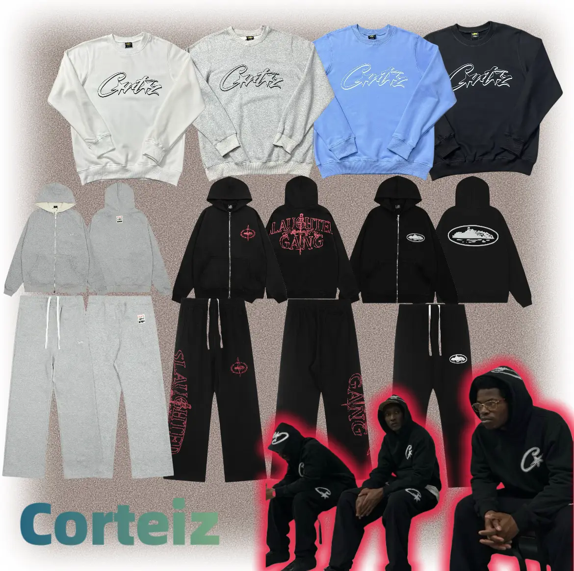 Alcatraz Corteiz letter Pattern Fleece-lined Tops Loose Hooded Sweatshirt and Sweatpants Suit Outwear Trendy pants