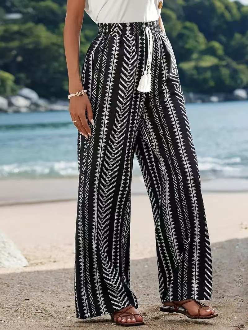Cross-border Spring and Autumn Geometric Printed Pattern Elasto Comfortable Casual Fashion Black Korean Straight Leg Pants Women's Trousers