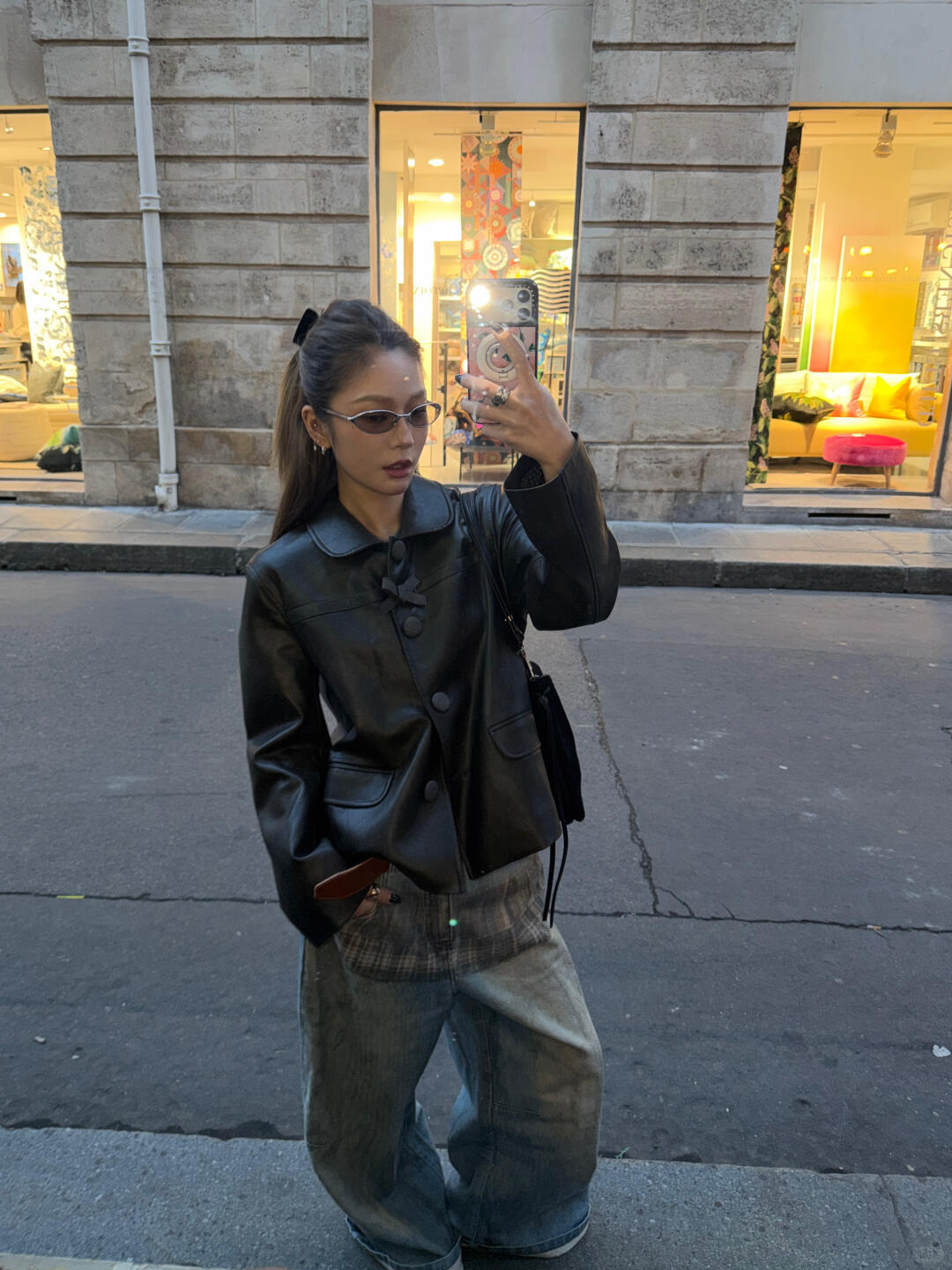 "Nana Blogger's Same Style" Bow Eco-Friendly Short Leather Jacket Doll Collar Pure Color Retro Jacket Nanyou Women