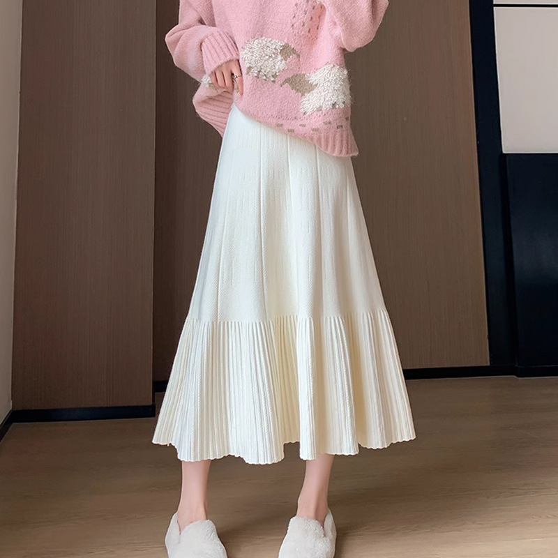 Autumn Girl Pleated Mid-length New A- line Pleated Skirt Trendy Solid Color Gentle Style Knitted Skirt