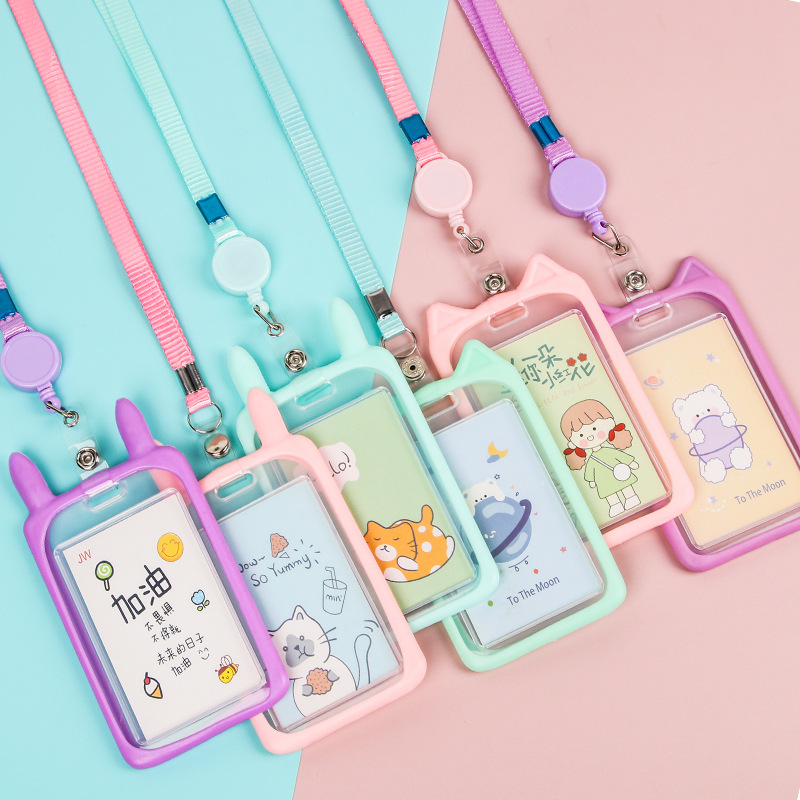 Cute Silicone Card Case Student Cartoon Bus Meal Card Protective Case High Color Value Lanyard Transparent Campus Card Wholesale