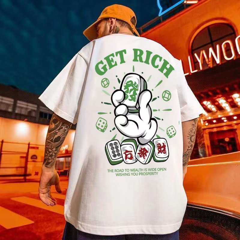 National Fashion Vintage Mahjong Printed Men's Short-sleeved T-shirt 2023 New Loose Fashion plus size Couple Half-sleeved Top