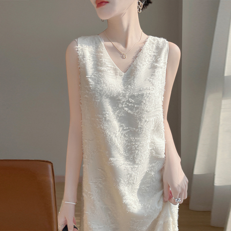 Heavy-duty Acetic Acid Satin V-neck dress Women's Thin Tassel Cut Flower Sleeveless Knee-length Dress High Waist Draped A- line Dress