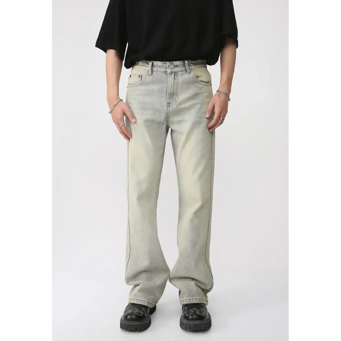 MTLCLOTHES men's clothing | 2023 Four Seasons New retro mud yellow distressed white slightly pull straight trousers