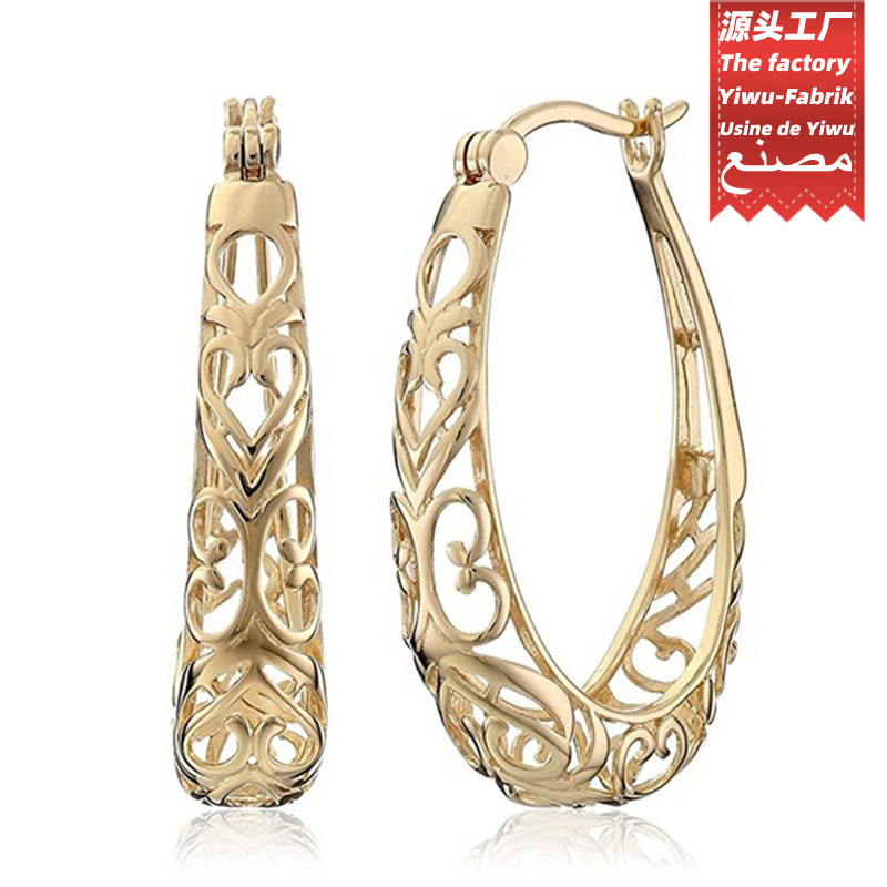 Amazon New Heart-shaped Hollow Flower Earrings Europe and America Exaggerated Banquet Wedding Ear Buckle Ear Clip Earrings