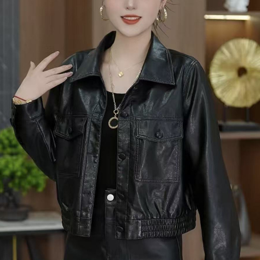 Low-Priced Online Spring and Autumn Stylish Biker Slim-Fit Leather Jacket for Women, Short Versatile Casual Jacket Trendy