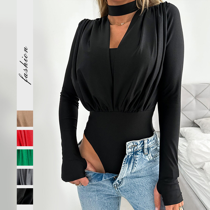 European and American Style Cross-border Women's Clothing 2024 Spring New Sexy V Neck Slim Bottom Patchwork Long-sleeved Jumpsuit Wholesale