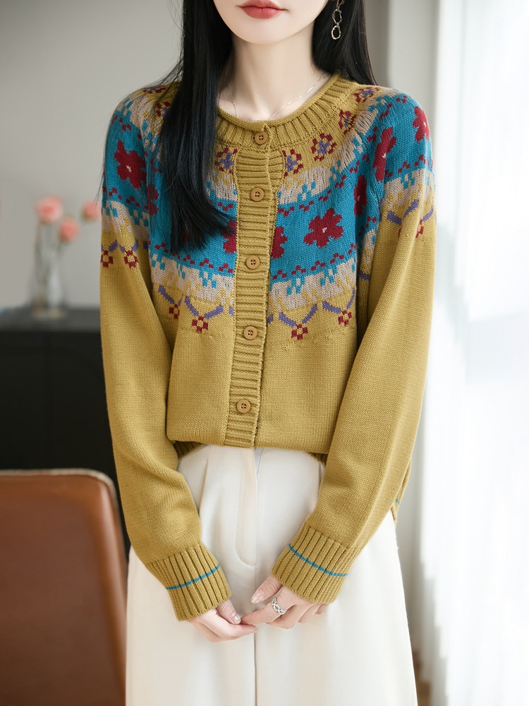 2026 Spring and Autumn New Style Glutinous Rice Velvet Seven-Stitch Thickened Rolled Edge Round Neck Knitted Cardigan Jacquard Top Jacket for Women