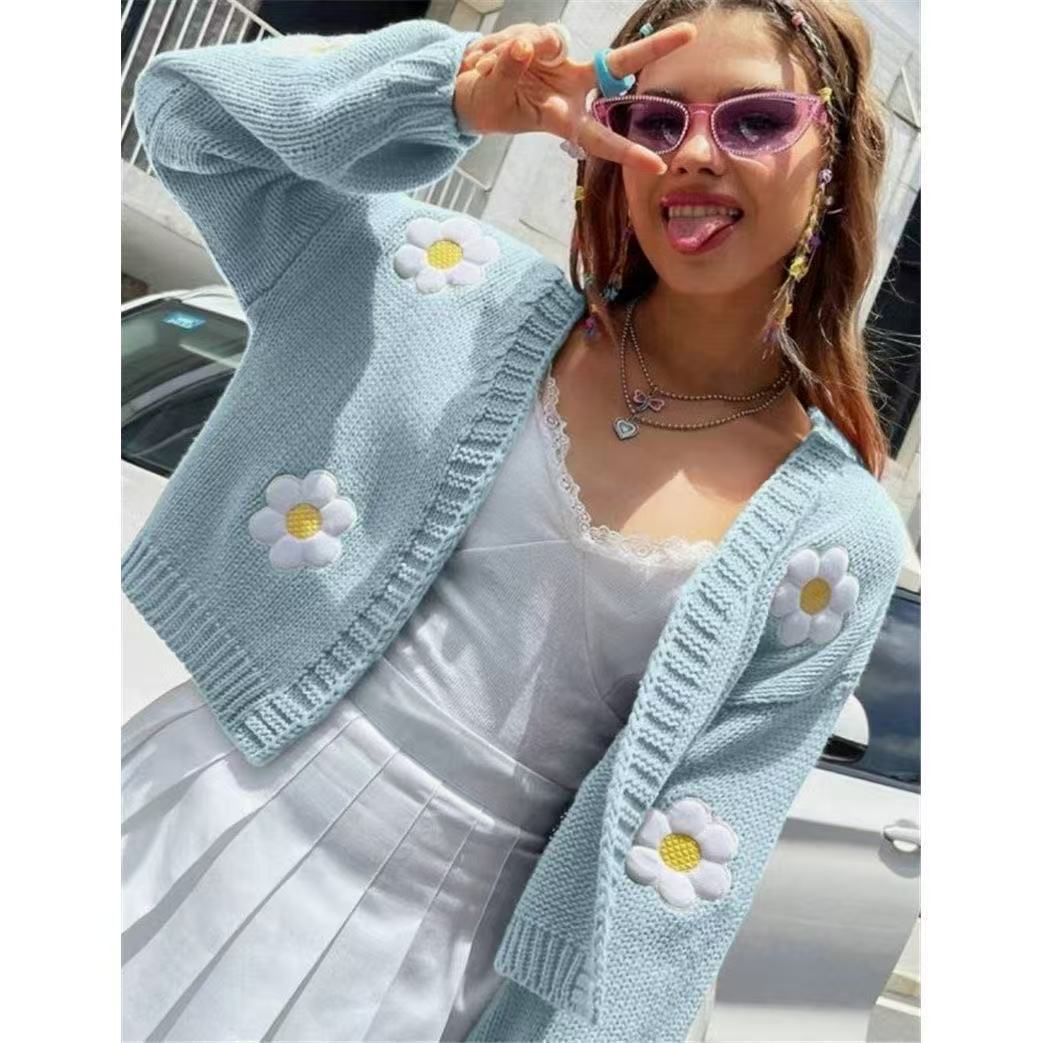 Cat Ning Cross-Border European and American Style Sweet Floral Sweater Women's Cardigan Amazon Loose Short Coat Inner Layer