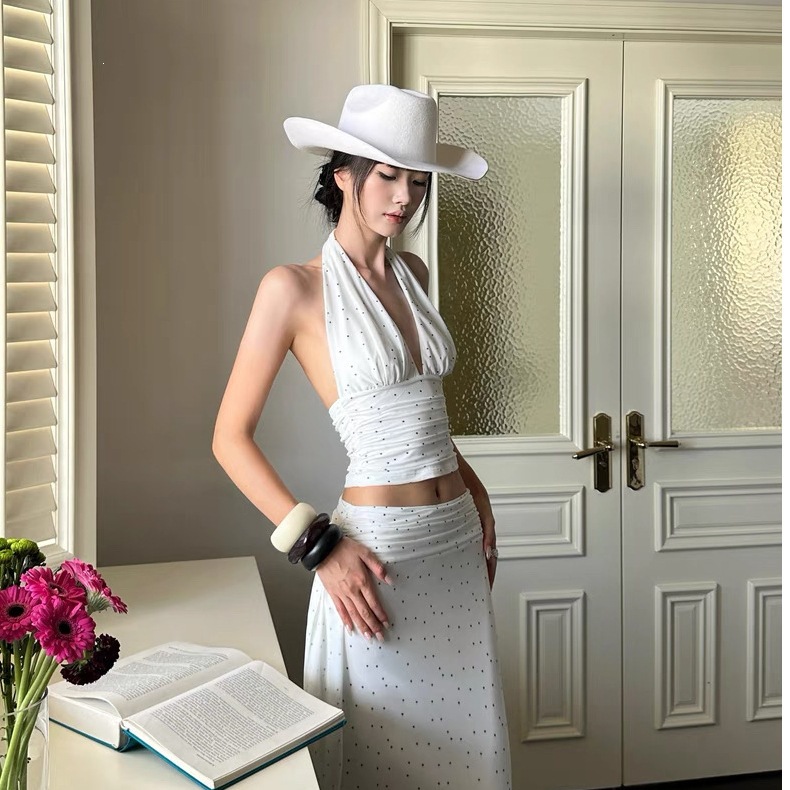 Beach Vacation Outfit: French-Style Top with Polka Dots, Halter Neck, V-Neck, Beach-Ready Two-Piece Set with a Skirt