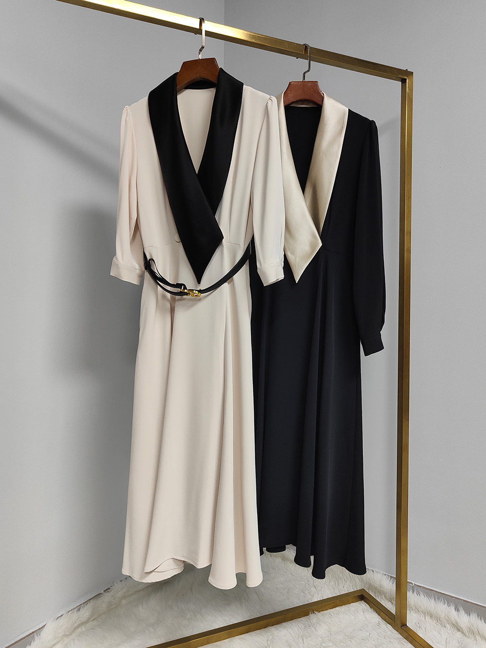 Cross-Border Trade Irregular Hepburn-Style Green Fruit Collar Tie Contrasting Color Large Hem Dress Long Flare Dress