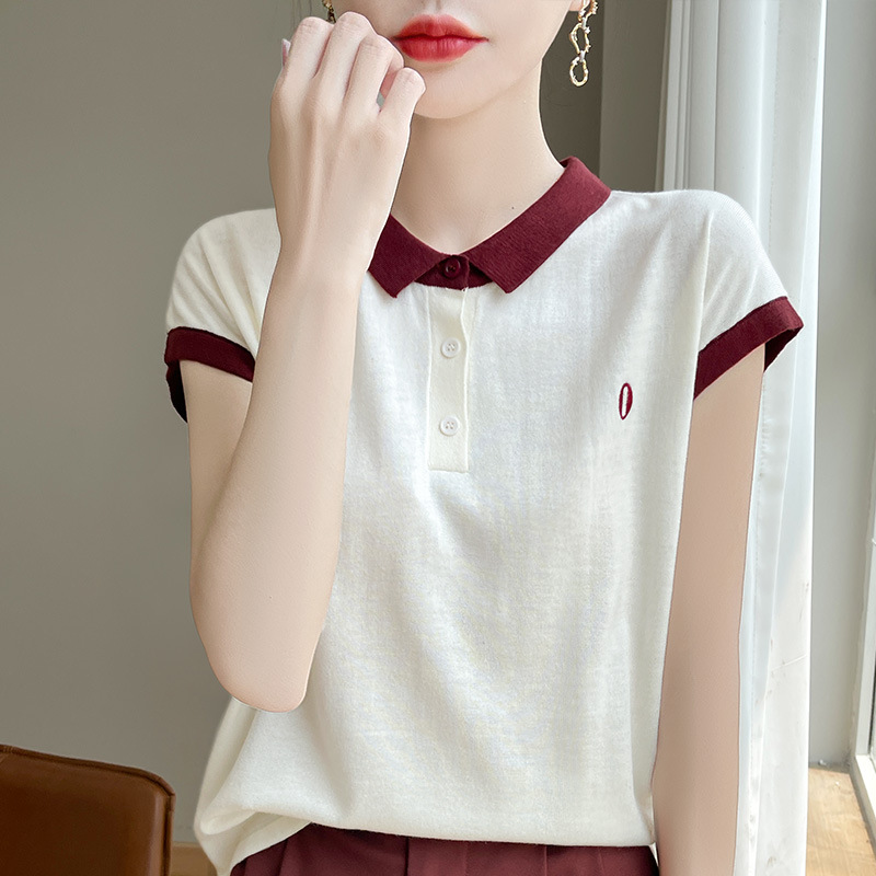 2024 Summer New POLO Collar Knitted Shirt Short-sleeved T-shirt Women's Embroidered Contrast Color All-match Elegant Loose Top