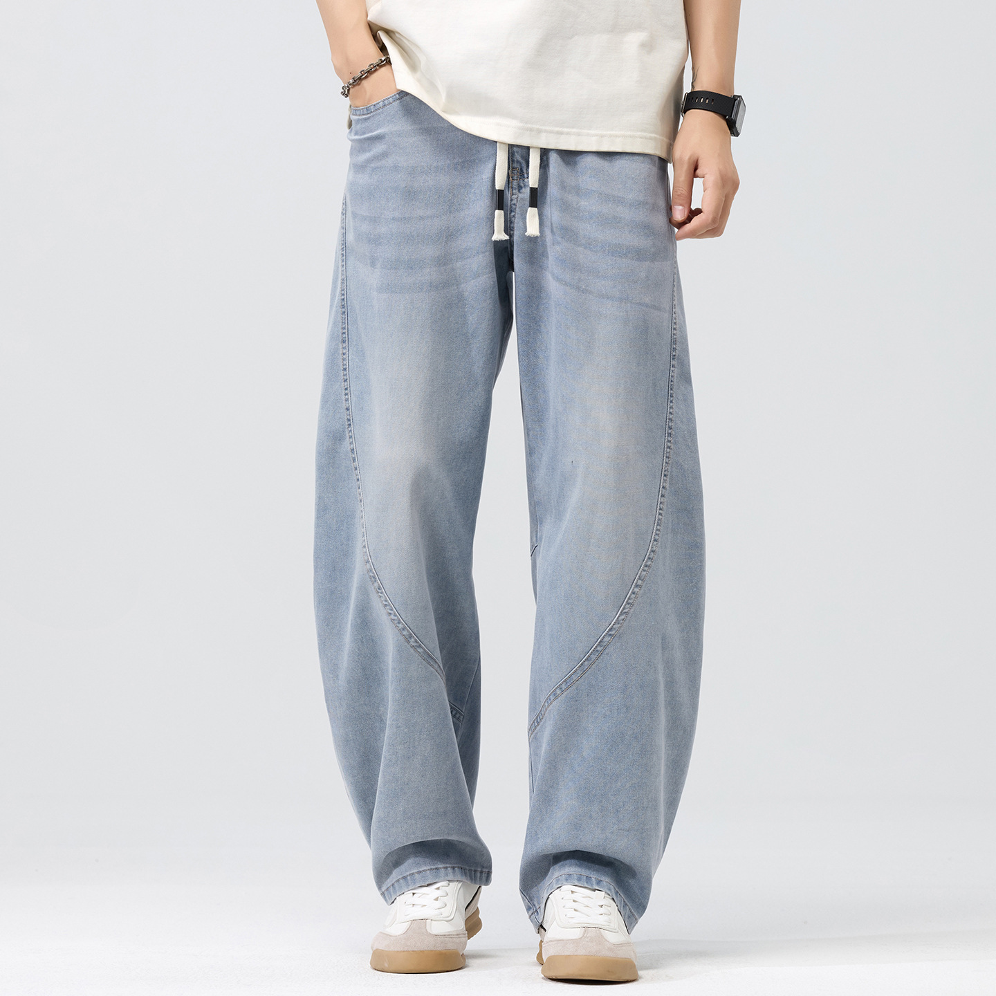 B3607 | Summer New Product, Extended Version of American Retro Scimitar Jeans for Men, Loose Wide-Leg Patchwork Straight-Leg Trousers