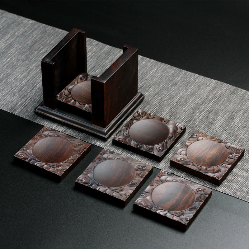 Coaster Kung Fu Tea Set Cup Holder Heat Insulation Pad Tea Tray Tea Mat Ebony Solid Wood Square Carved Coaster Office Tea Mat