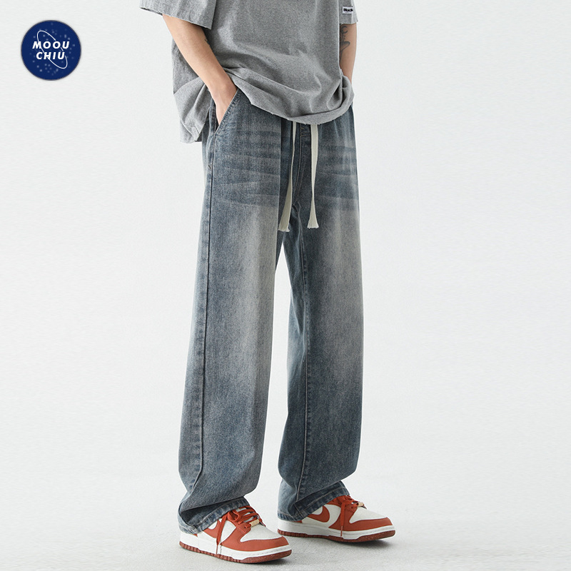Muqiu Men's Clothing | American-Style Xintang High Street Jeans, Unisex, Elastic Waist, Loose Straight-Leg Versatile Wide-Leg Pants
