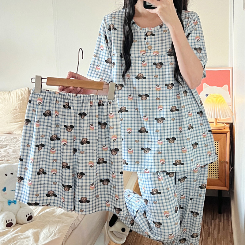 Cross-Border New Three-Piece Pajamas for Women Spring and Summer Imitation Cotton Cartoon Plaid Three-Piece Home Clothes Foreign Trade Export