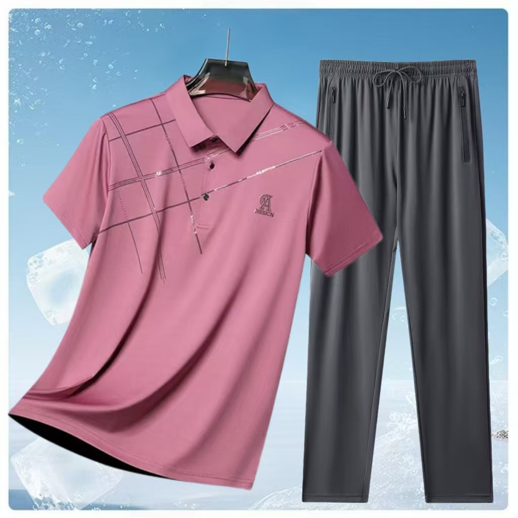 Summer Ice Silk Casual Suit Men's Short-Sleeved T-Shirt and Long Pants Two-Piece Set Middle-Aged Dad Outfit Polo Shirt Two-Piece Set