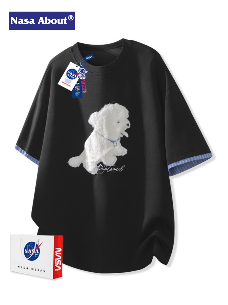 Nasa about National Trend Style Short-Sleeved T-Shirt for Boys, New Summer Style with 3D Plush Dog Patch Embroidery Top