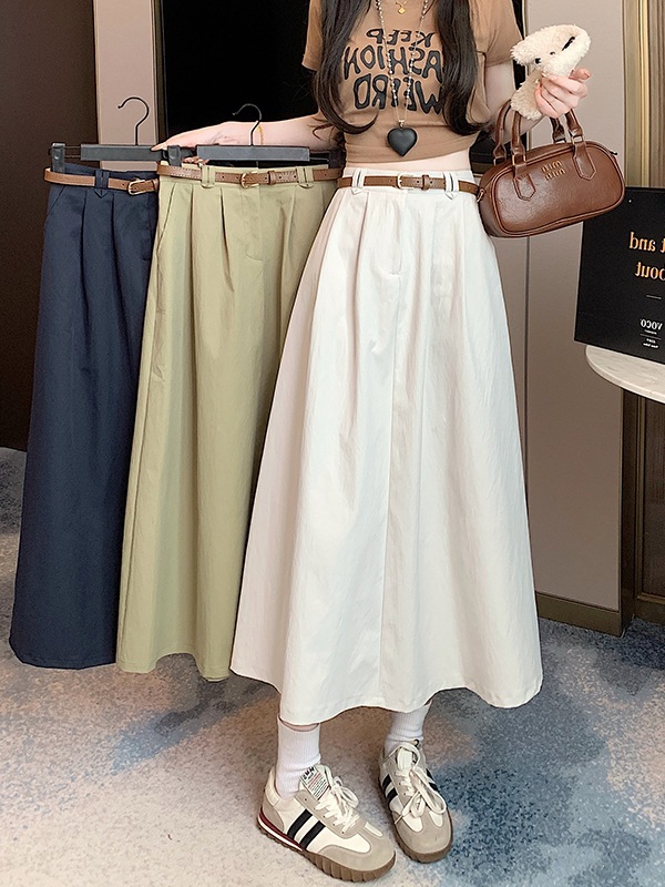 Real Shot of Early Spring High-Waisted Korean-Style Hip-Covering Slimming Mid-Length Washed Cotton A-Line Skirt with Wide Hem