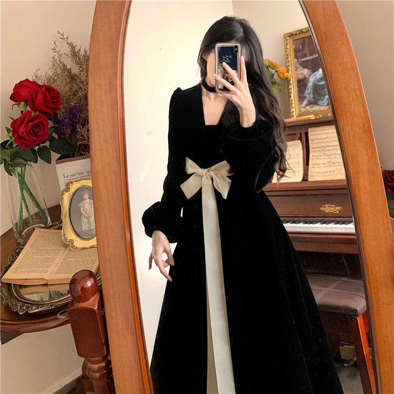 With lining + zipper 2023 plus size lace bow dress French high-grade velvet slimming and long