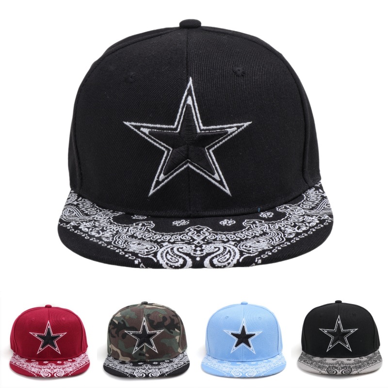 Cross-border New Cashew Flower Flat Eave Embroidered Five-pointed Star Baseball Cap Men's and Women's Spring and Summer Fashion Flat Along Hip-hop Hat Trendy