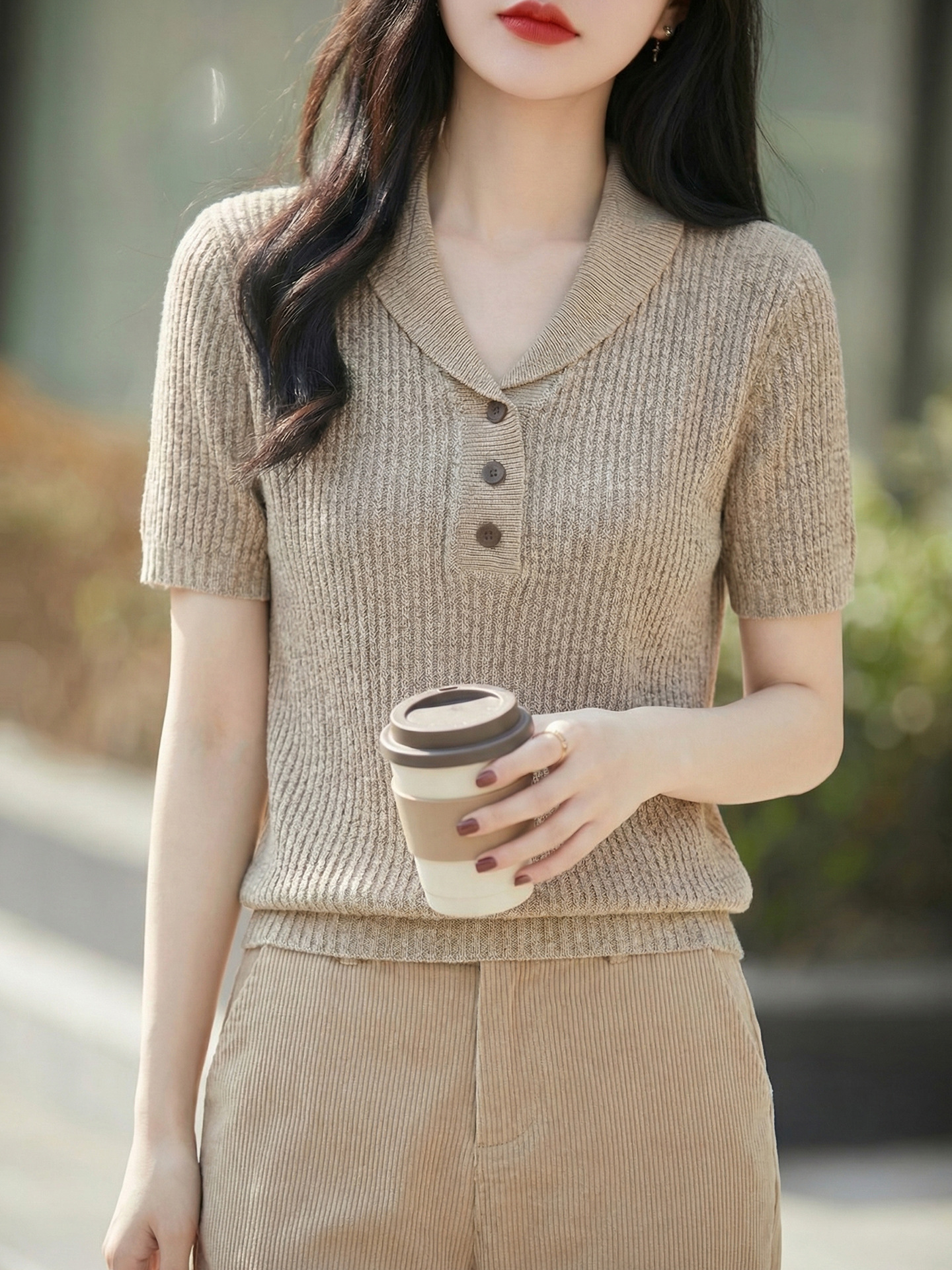Summer 2026 New Style Button-Down Tencel Knit Design Short-Sleeve T-Shirt Slim Fit Versatile Top for Women
