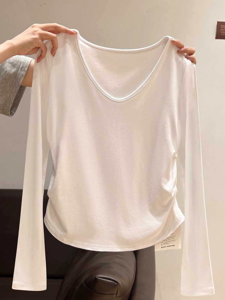 White-Enhancing Low V-Neck Long-Sleeve T-Shirt for Women, New Spring Style Sweet and Spicy Girl Ruched Waist-Cinching Base Shirt Versatile Top