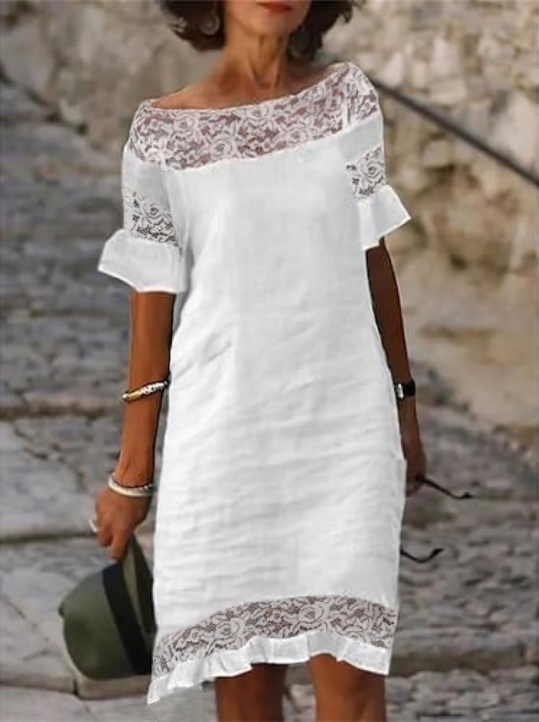 Cross-Border 2024 European and American New Casual Fashion Dress White Lace Trim Short-Sleeve Hollow-Out Dress