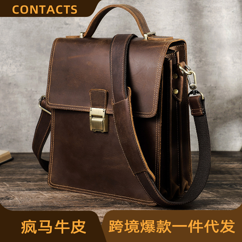 Black Angel Retro Crazy Horse Cowhide European and American Fashion Men's Shoulder Bag with Lock Men's Crossbody Bag Wholesale
