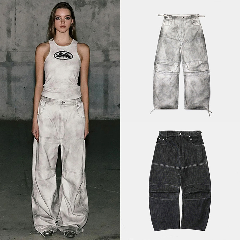 Badblood Bcac Series Washed Distressed Jeans Women's Niche Casual Loose Wide-Leg Scimitar Pants Trendy