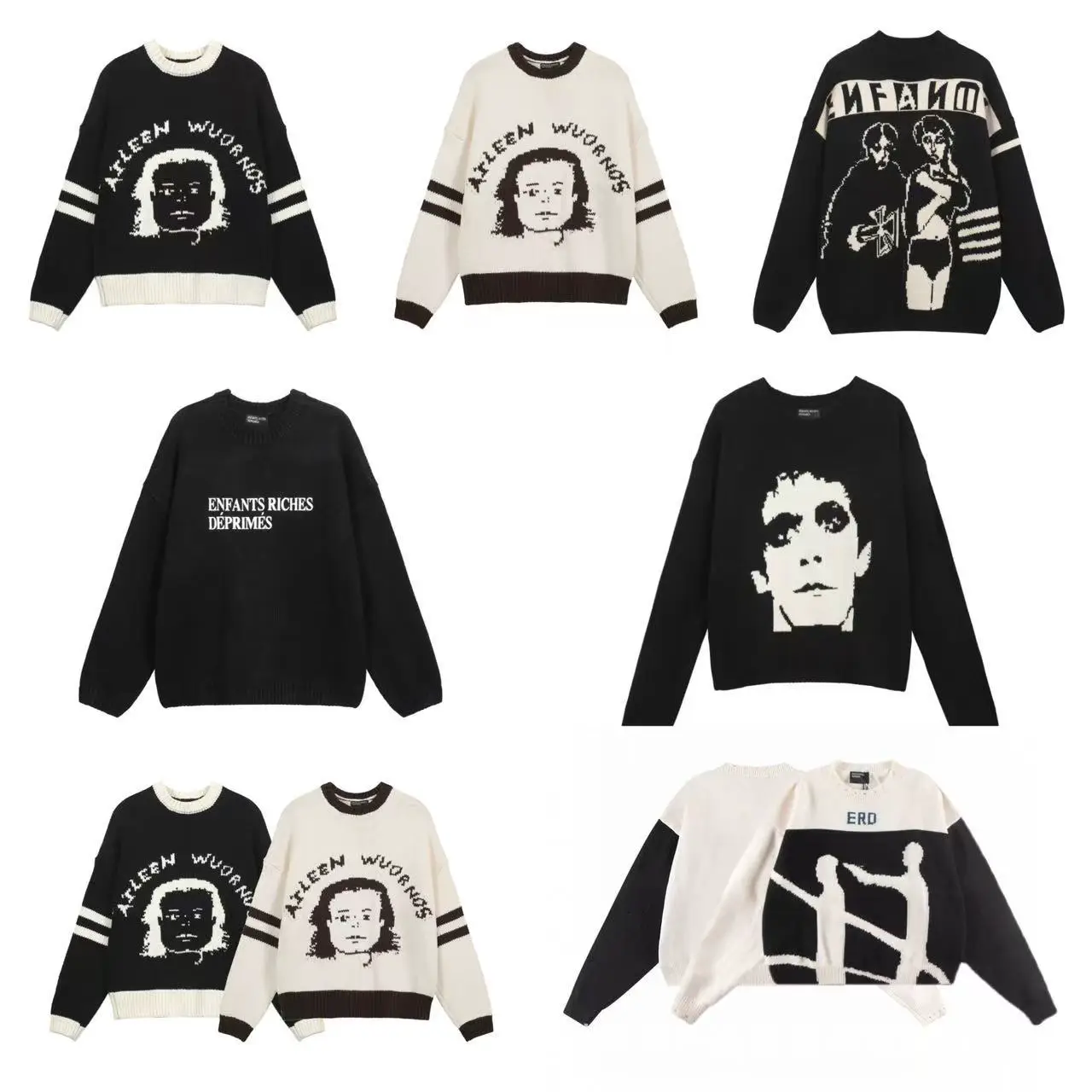 24Ss Heavyweight Enfants Melancholic Rich Second Generation Letter Avatar Slogan Jacquard Retro Crew Neck Sweater Pullover