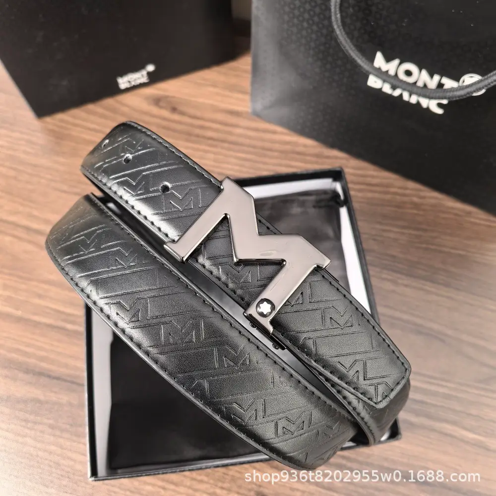 New Men's Embossed Cowhide Belt Wanjia Fashion All-match Men's Belt M Letter Casual Smooth Buckle Belt
