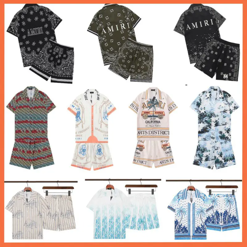 Beach Men's and Women's Suit Shirt Amiri Classic Floral Printed Teenagers Casual Short Sleeve Shirt Sports Suit
