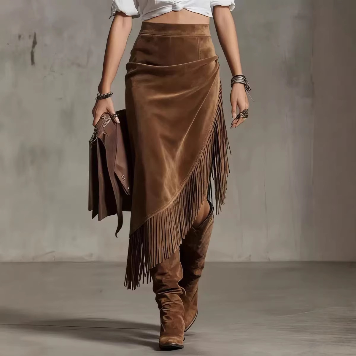 2026 Amazon European and American Cross-Border European Size Retro Western Style Irregular Design Suede Skirt Solid Color Skirt