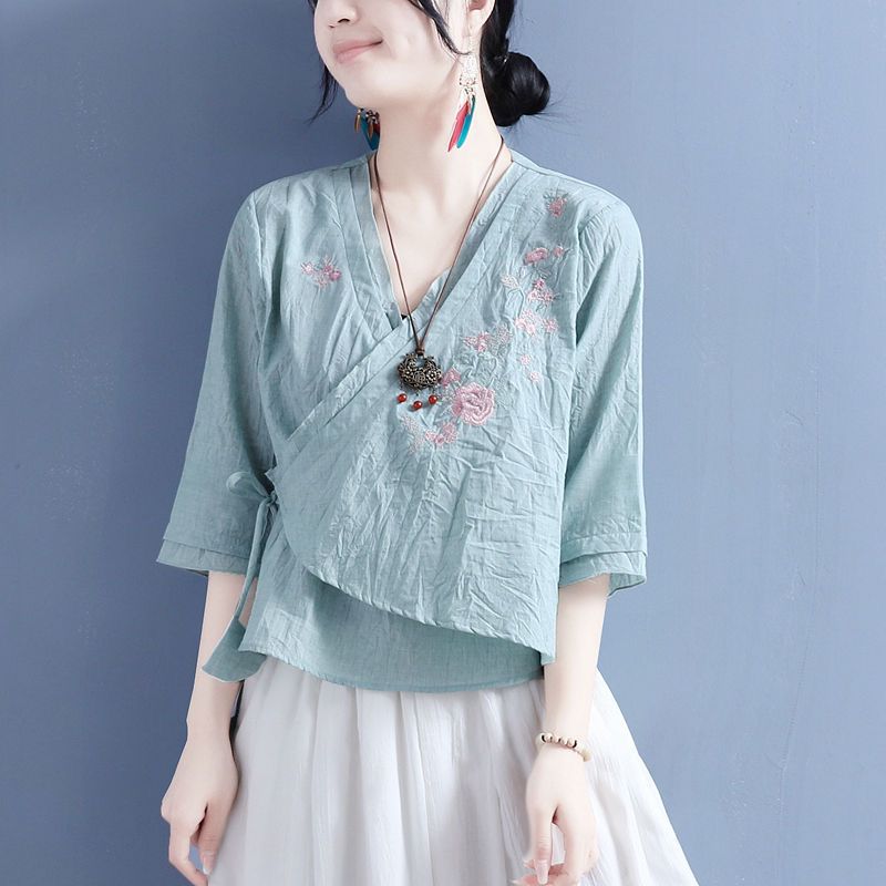 2025 Summer Cotton and Linen Embroidered Slant Placket Fan-shaped Lace-up Mid-sleeve Top Women's Chinese Style Retro Zen Shirt Tea Clothes