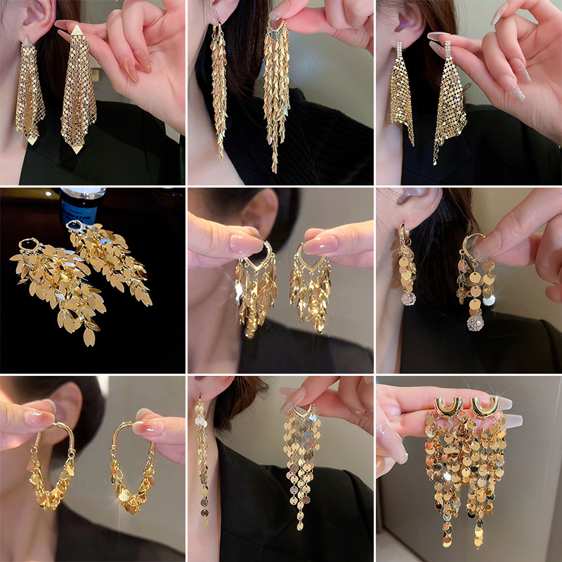 Silver Needle leaves sequins tassel geometric earrings European and American exaggerated personality design earrings fashion earrings wholesale female