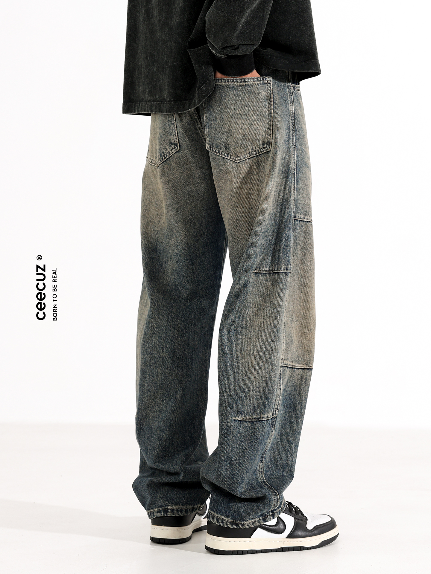 Ceecuz Split Vintage Workwear Jeans for Men, American Style Trendy Brand, Distressed Washed Loose Wide-Leg Pants