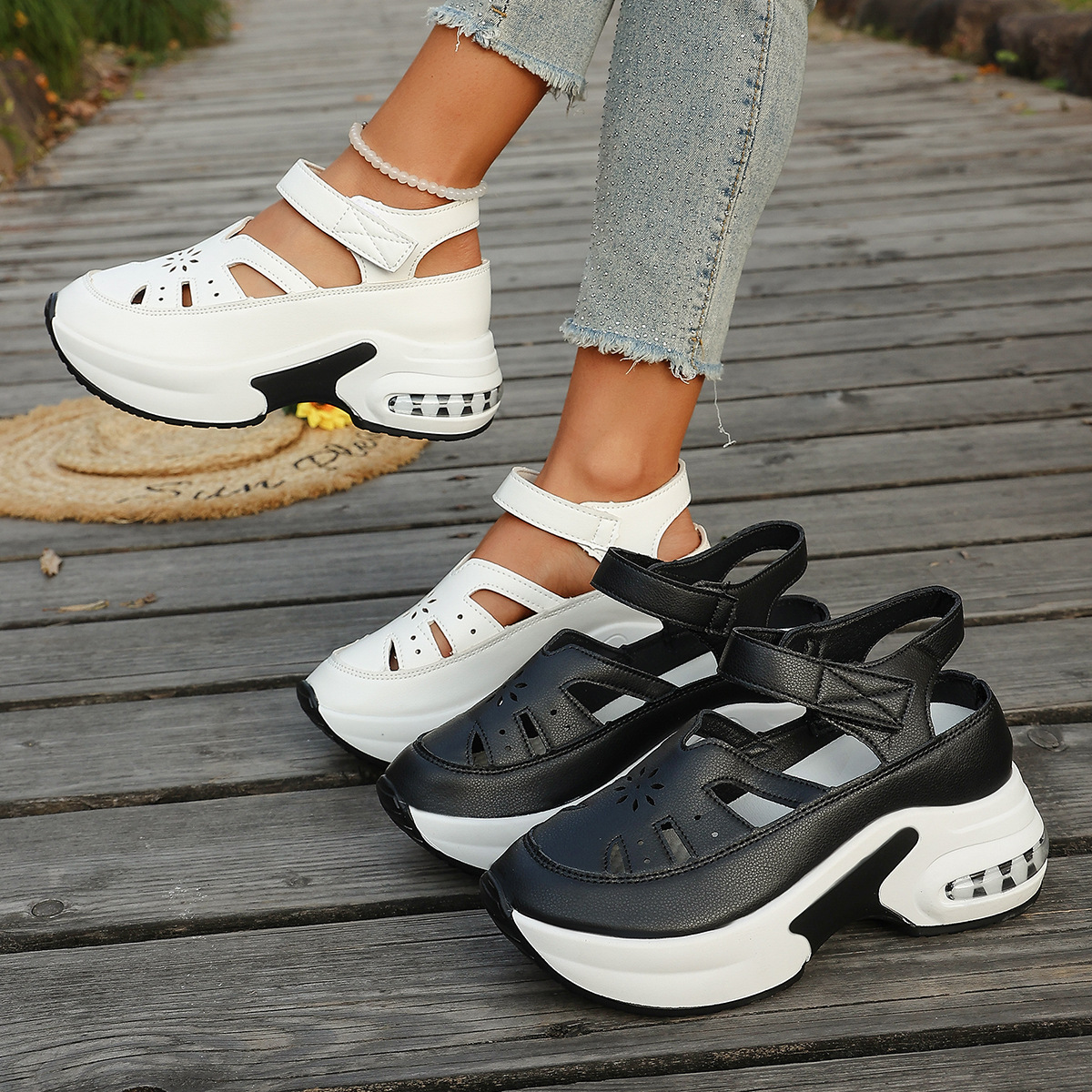 2026 European and American Cross-Border Large Size Foreign Trade Casual Sports Shoes with Velcro Cut-Out Design, Height-Increasing Wedge Heels, Women's Wholesale